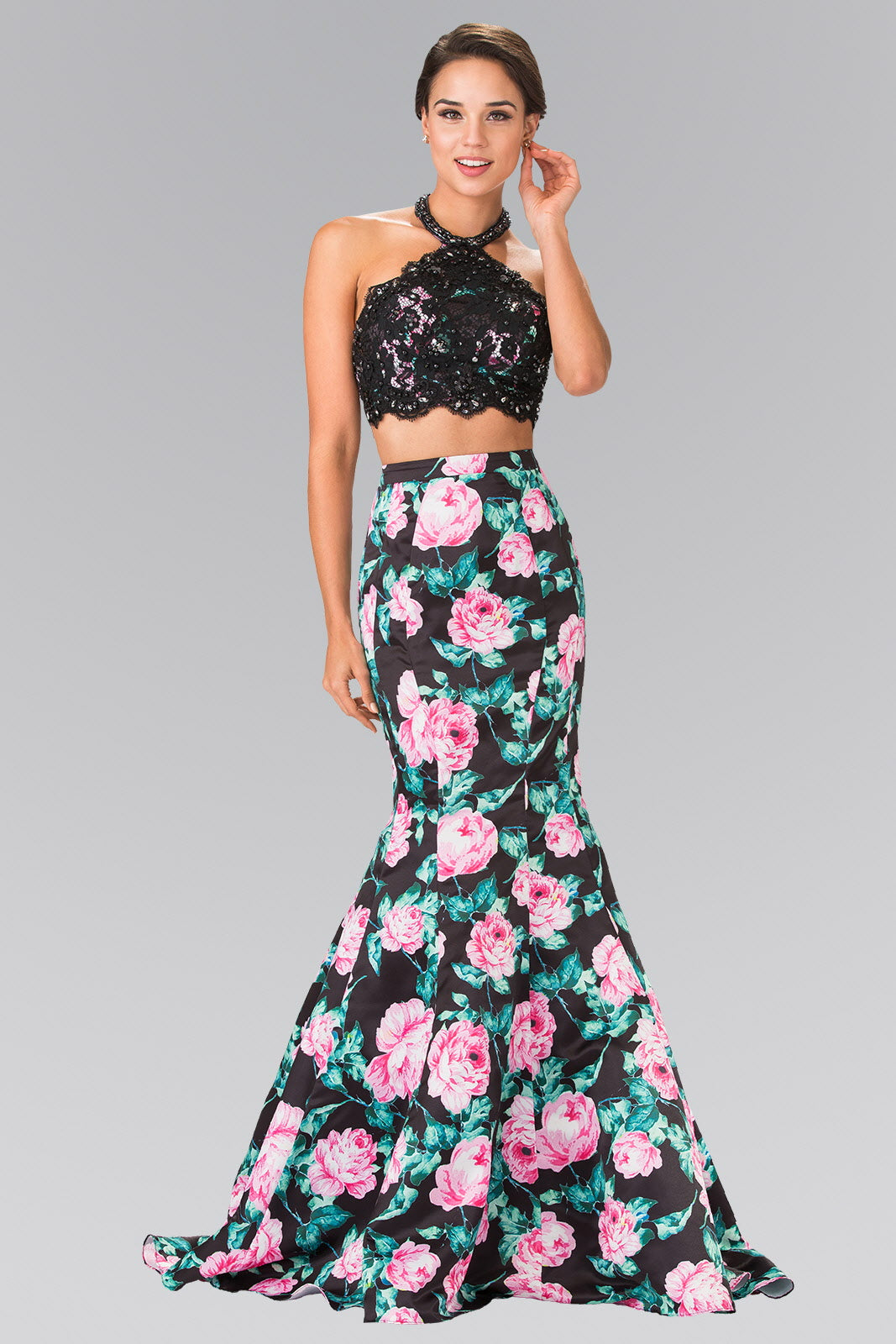 Robe longue deux pièces à imprimé floral et col licou 