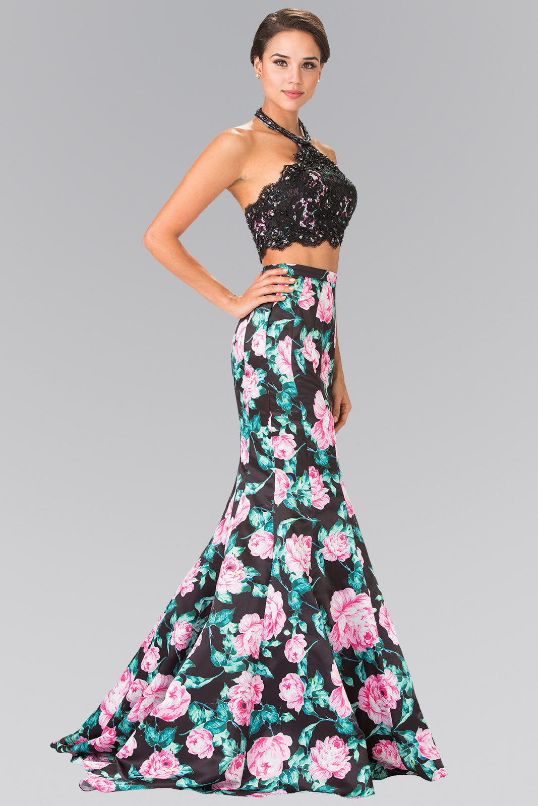 Robe longue deux pièces à imprimé floral et col licou 