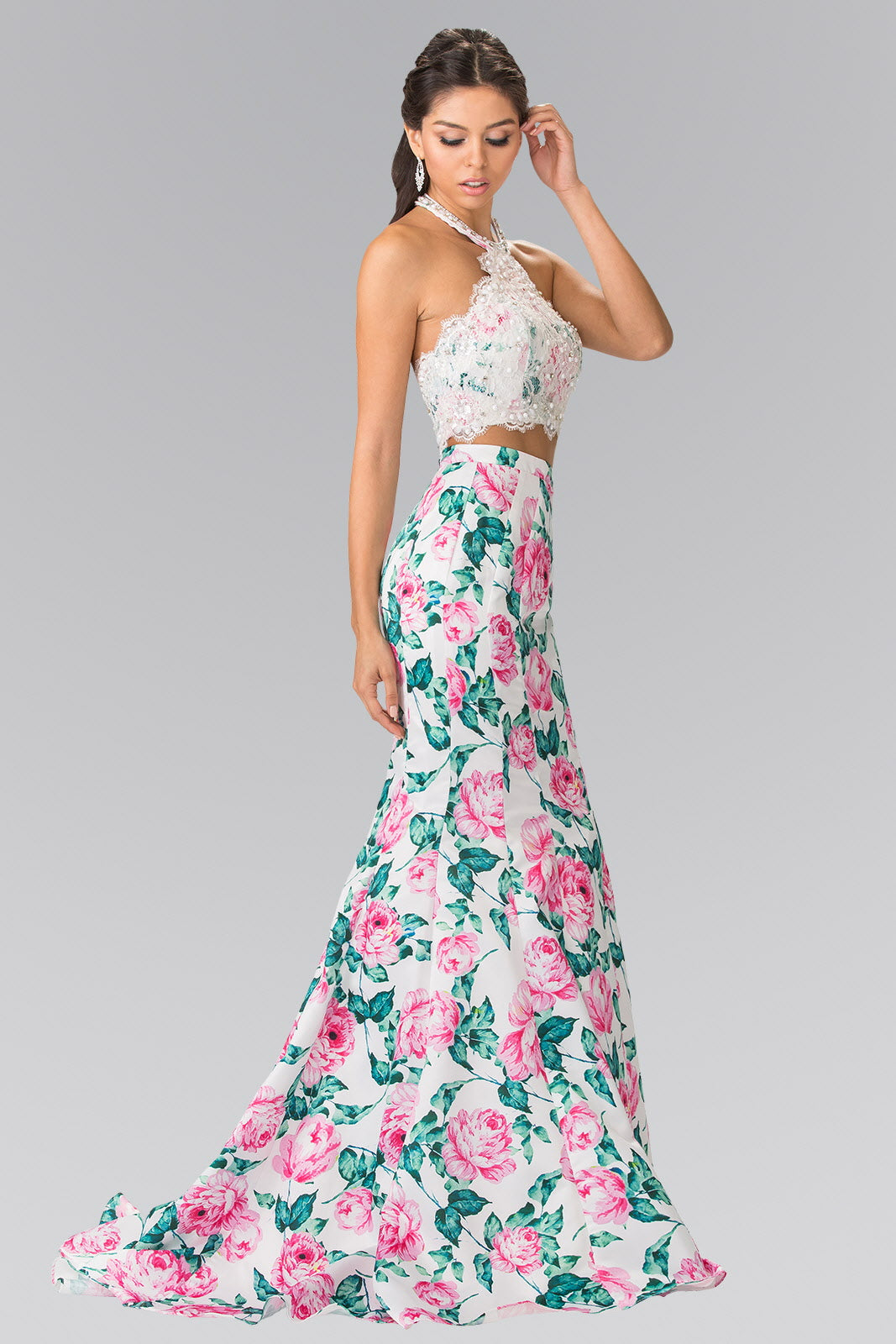 Robe longue deux pièces à imprimé floral et col licou 