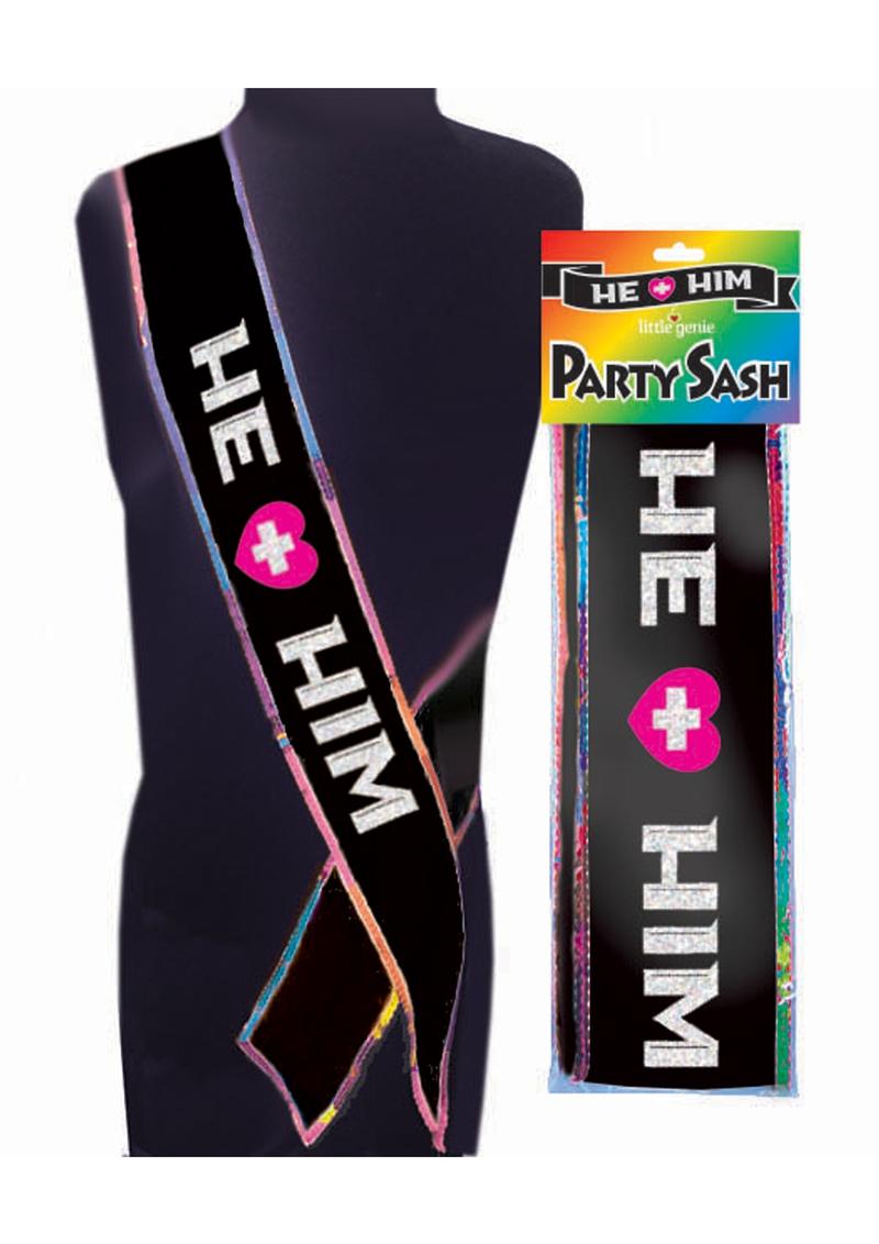He/Him Pride Party Sash Glitter Rainbow Accent for LGBTQ+ Celebrations