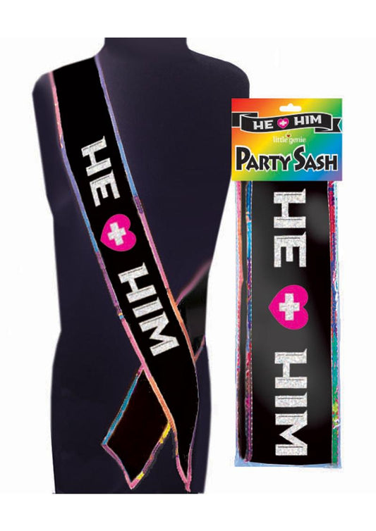 He/Him Pride Party Sash Glitter Rainbow Accent for LGBTQ+ Celebrations