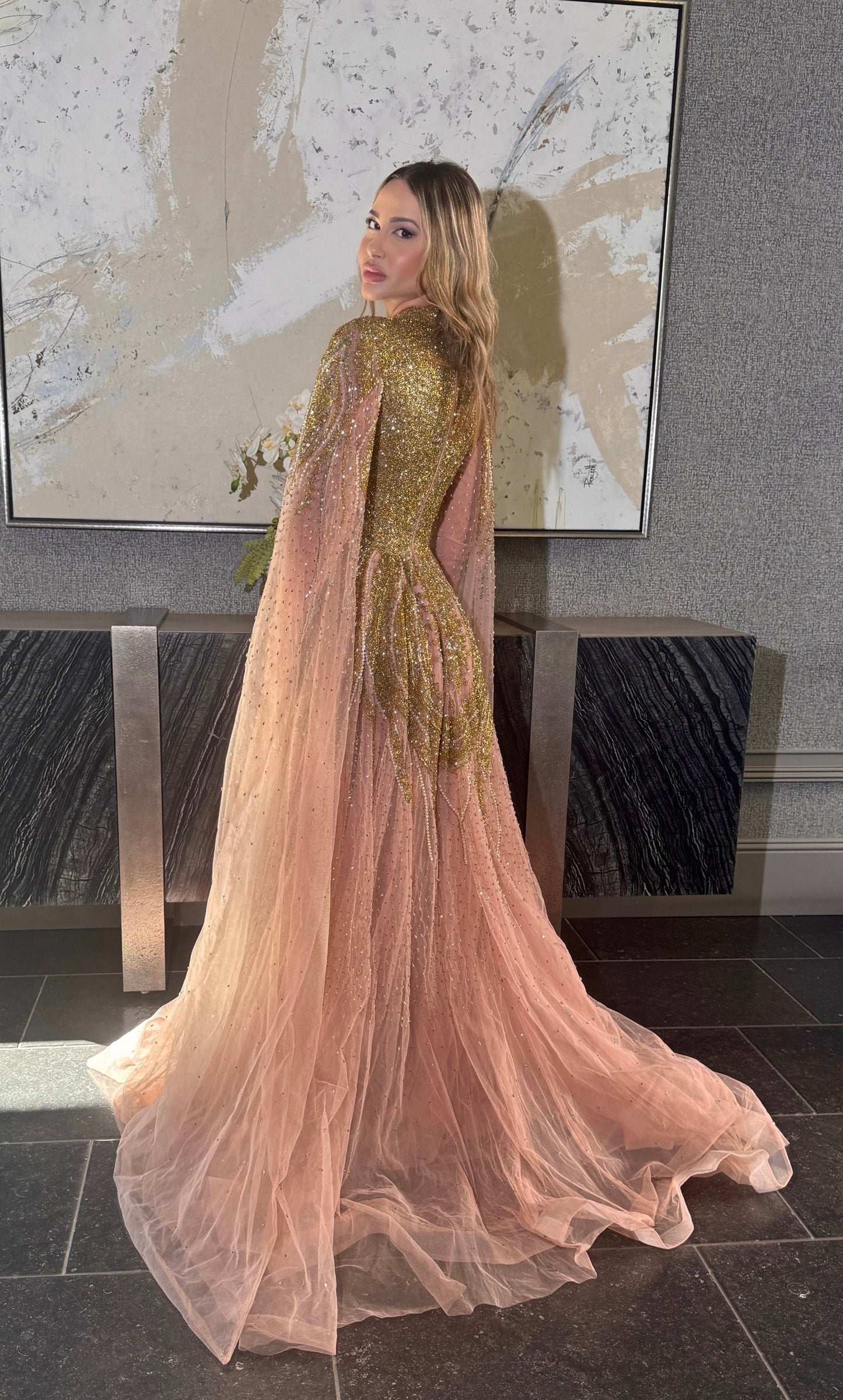 Arwa Modest Long Drape Sleeves Beaded A-line Gown