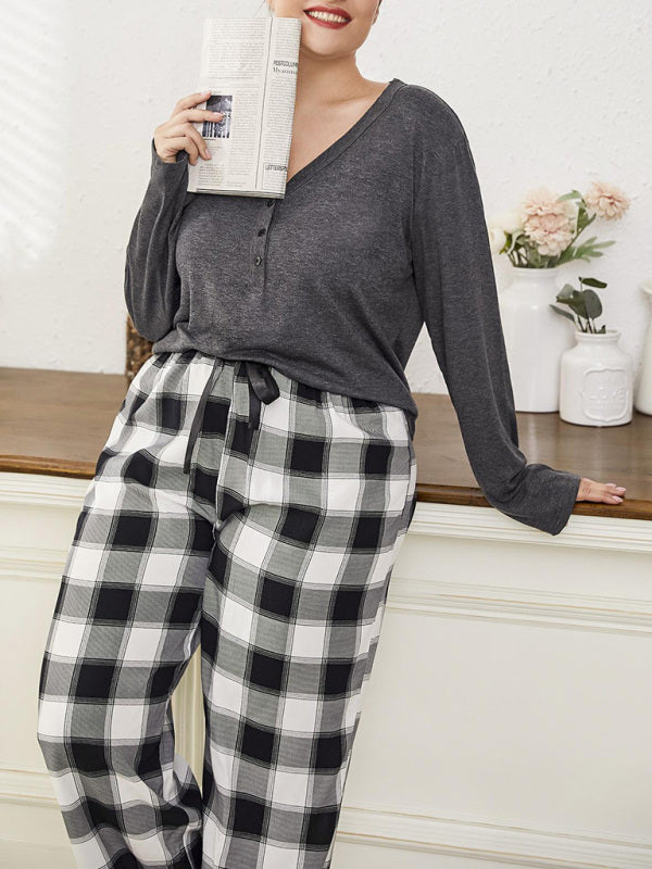 Ensemble pyjama grande taille pour femme, t-shirt à manches longues et col en V, pantalon à carreaux 