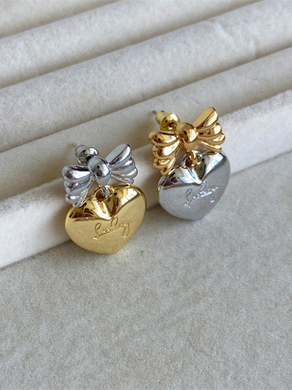 Modern versatile sweet and cool heart bow earrings