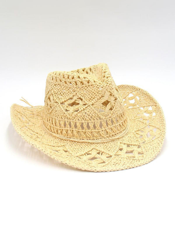 Modern hollow cowboy hat, hand-knitted straw hat, jazz hat with raised brim
