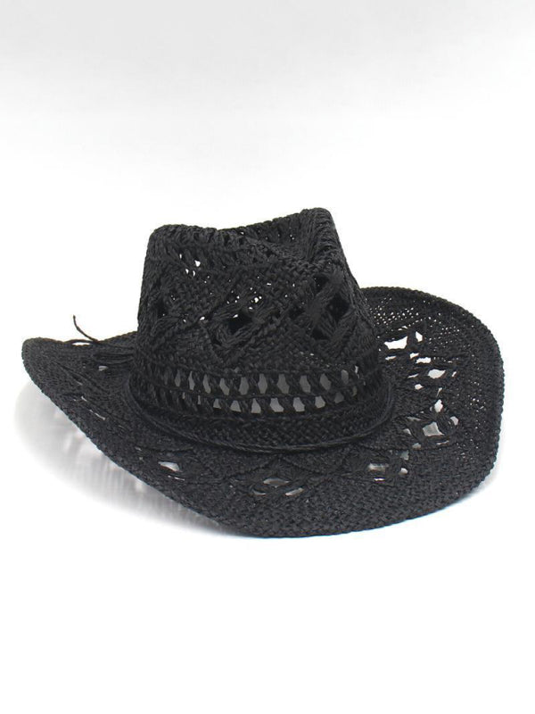 Modern hollow cowboy hat, hand-knitted straw hat, jazz hat with raised brim