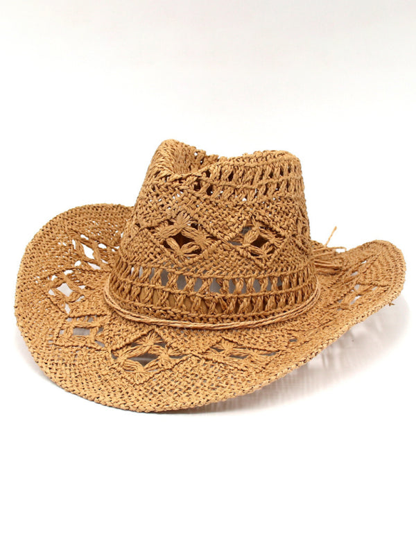 Modern hollow cowboy hat, hand-knitted straw hat, jazz hat with raised brim
