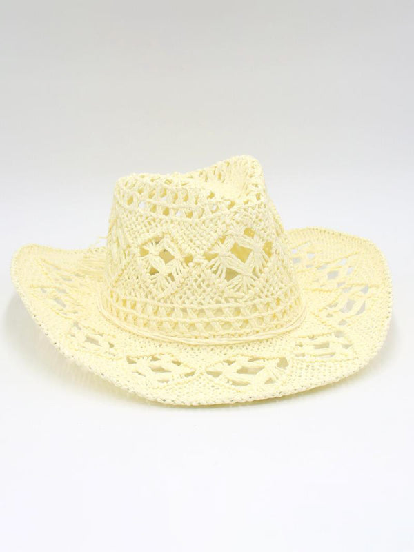 Modern hollow cowboy hat, hand-knitted straw hat, jazz hat with raised brim