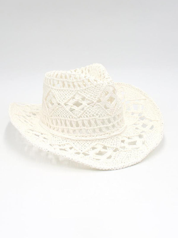 Modern hollow cowboy hat, hand-knitted straw hat, jazz hat with raised brim
