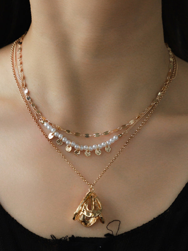 Modern geometric metal flower stacking necklace