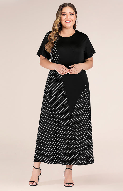 Plus Size Striped Dress - Short Sleeve Round Neck Colorblock Dress