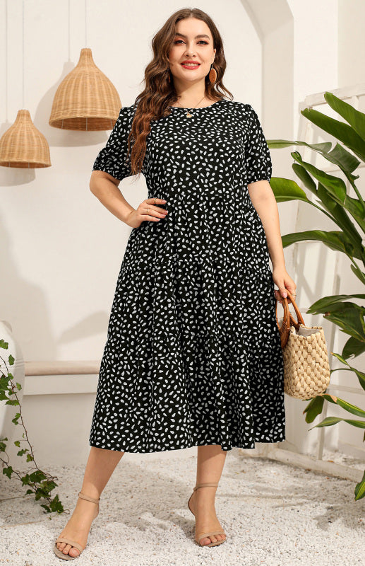 Maternity Dress - Plus Size Short Sleeve Puffed Sleeve Print Dress