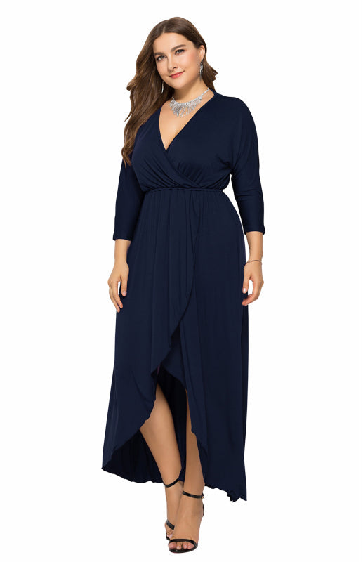 Plus Size Deep V Dress - Three Quarter Sleeve Knit Dress