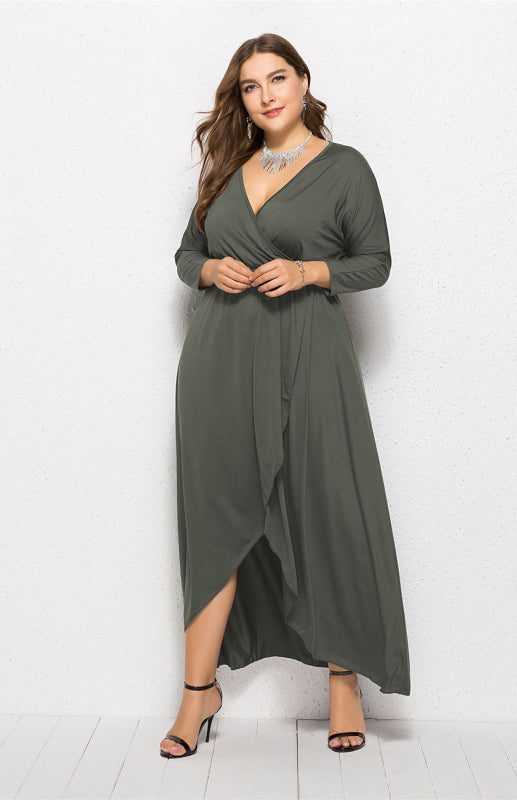 Plus Size Deep V Dress - Three Quarter Sleeve Knit Dress