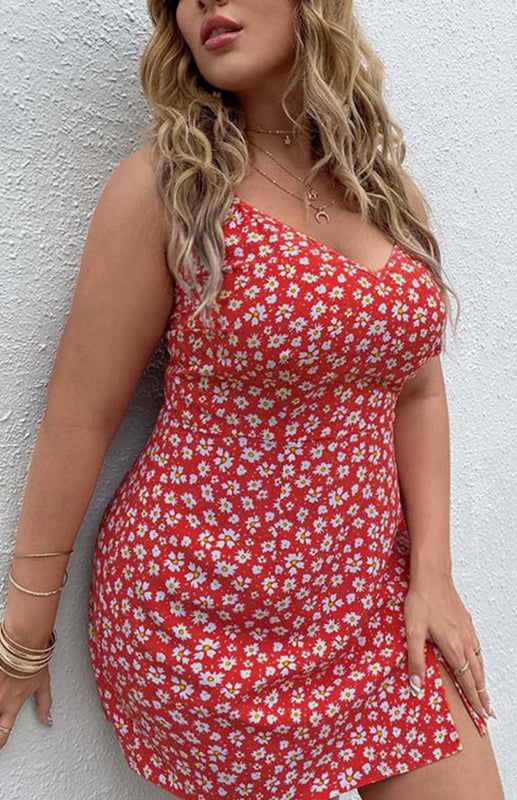 Plus Size Floral Slit Sling Short Dress for Women