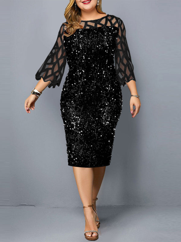 Plus Size Sequin Dress - Three Quarter Sleeve Round Neck Dress