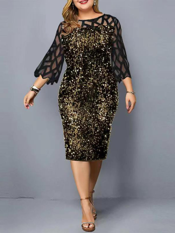 Plus Size Sequin Dress - Three Quarter Sleeve Round Neck Dress
