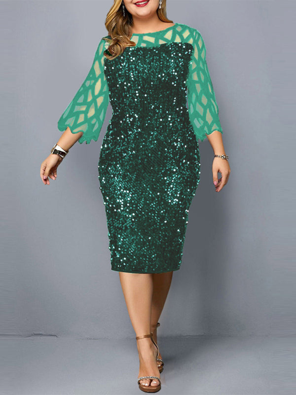 Plus Size Sequin Dress - Three Quarter Sleeve Round Neck Dress