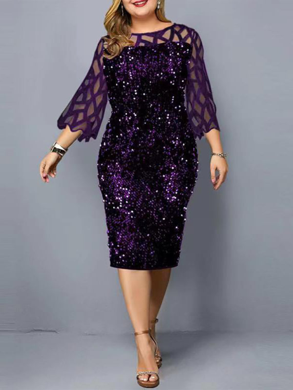 Plus Size Sequin Dress - Three Quarter Sleeve Round Neck Dress