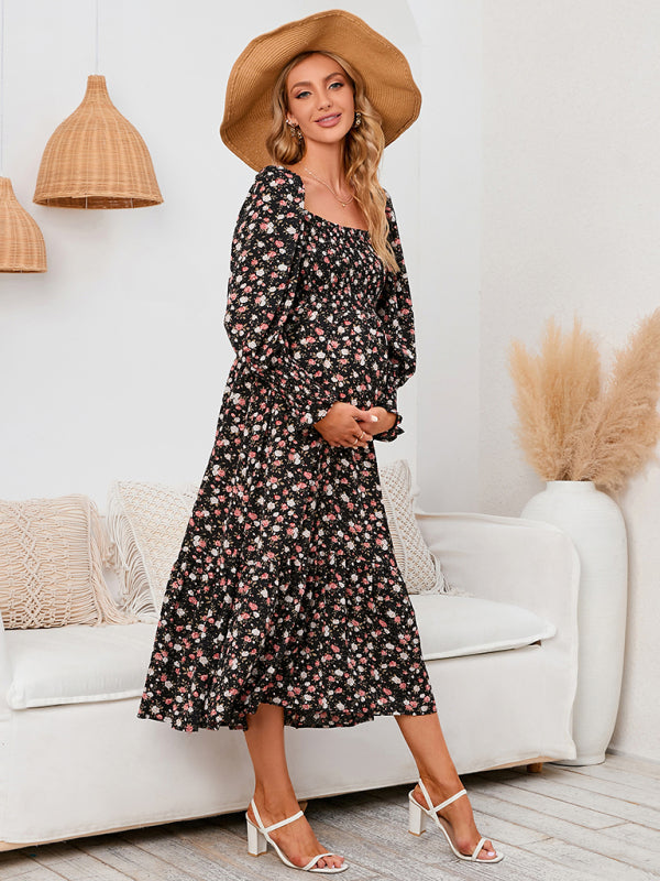Chiffon Floral Dress - Long Sleeve Polyester Dress for Women