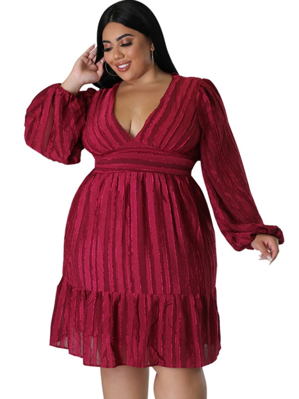 Plus size jacquard V-neck striped long-sleeved dress