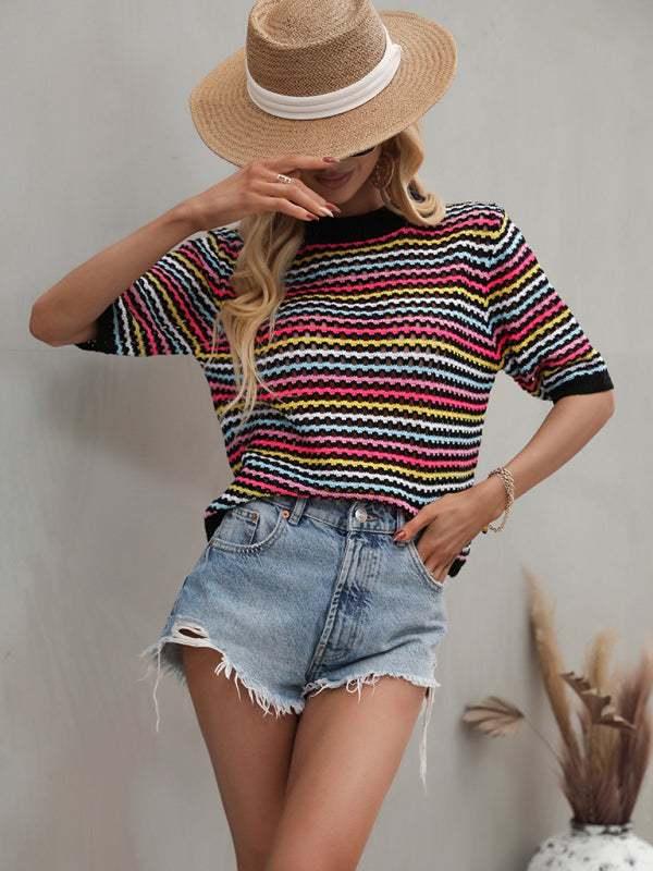 Paneled Hollow Knit Loose Crew Neck Striped Knit Sweater