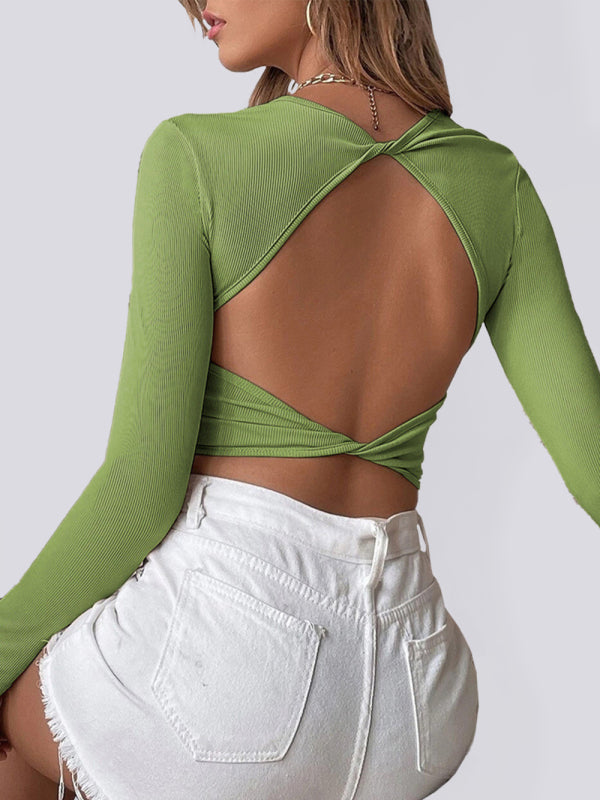 Backless Cropped Knit Top Long Sleeve Women's Shirt