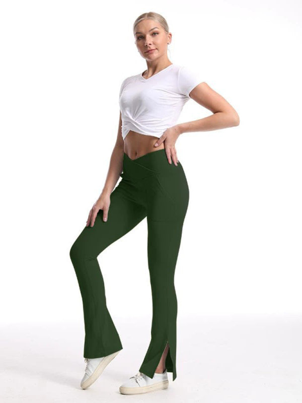 Women's High-Waist Wide Leg Pants - Slit Design & Tummy Control