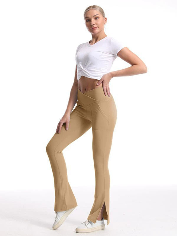 Women's High-Waist Wide Leg Pants - Slit Design & Tummy Control