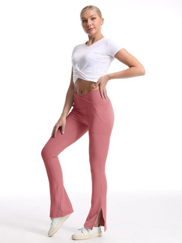 Women's High-Waist Wide Leg Pants - Slit Design & Tummy Control