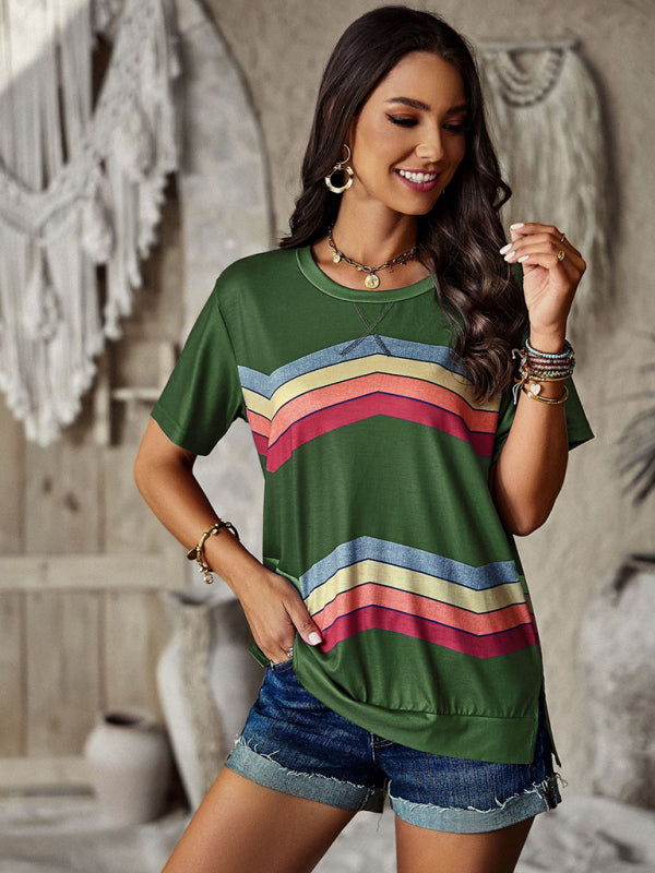 Modern round neck T-shirt rainbow strip top
