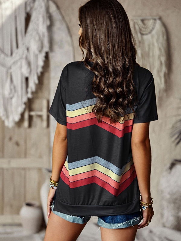 Modern round neck T-shirt rainbow strip top