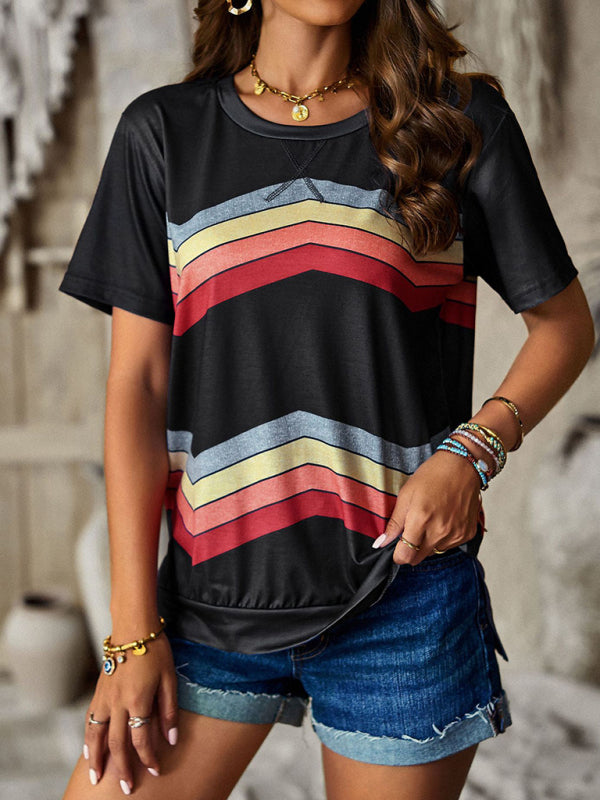 Modern round neck T-shirt rainbow strip top
