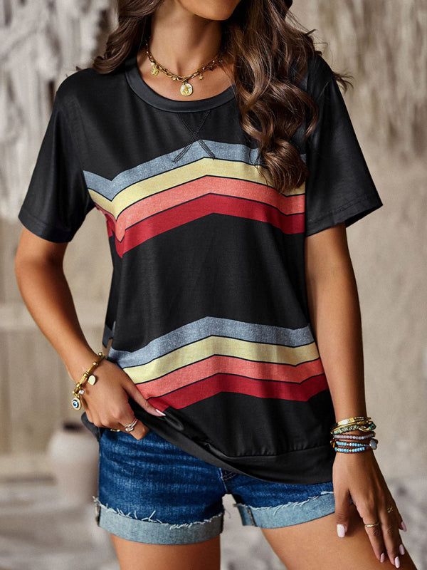 Modern round neck T-shirt rainbow strip top