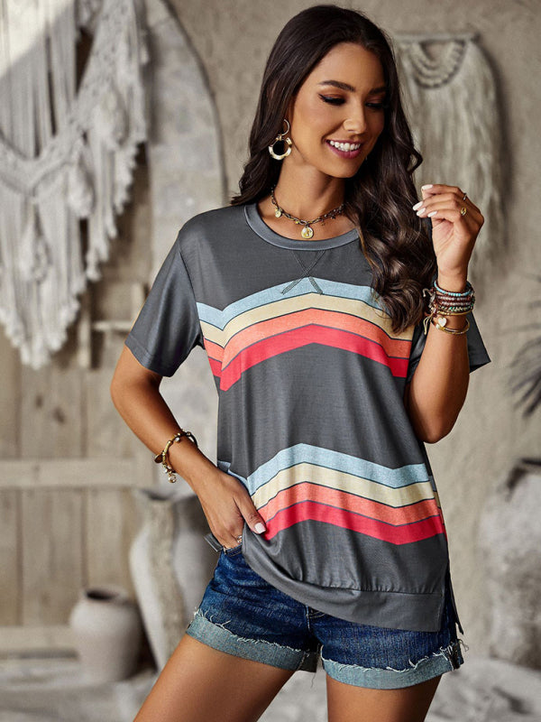 Modern round neck T-shirt rainbow strip top