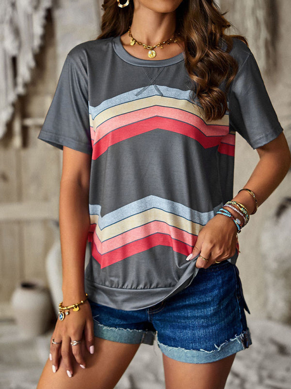 Modern round neck T-shirt rainbow strip top