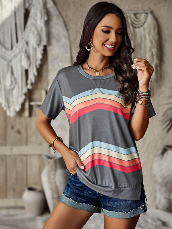 Modern round neck T-shirt rainbow strip top