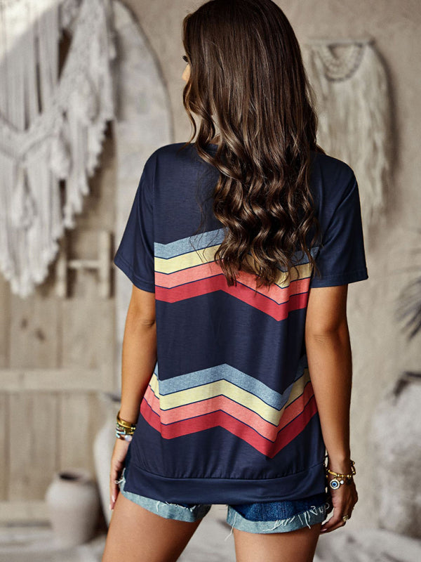 Modern round neck T-shirt rainbow strip top