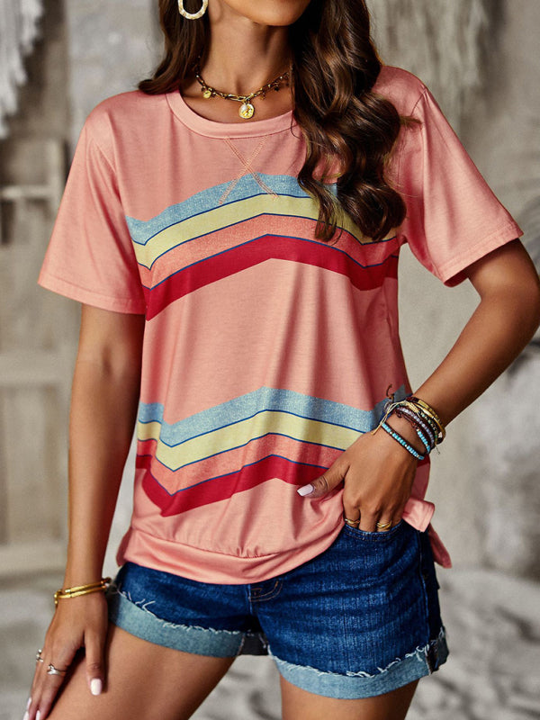 Modern round neck T-shirt rainbow strip top