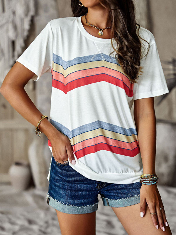 Modern round neck T-shirt rainbow strip top