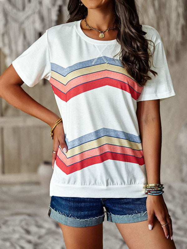 Modern round neck T-shirt rainbow strip top