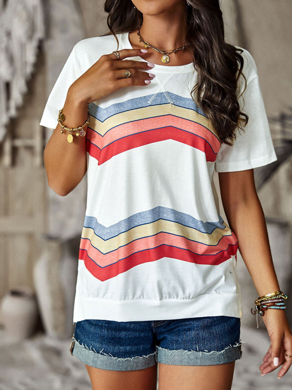 Modern round neck T-shirt rainbow strip top
