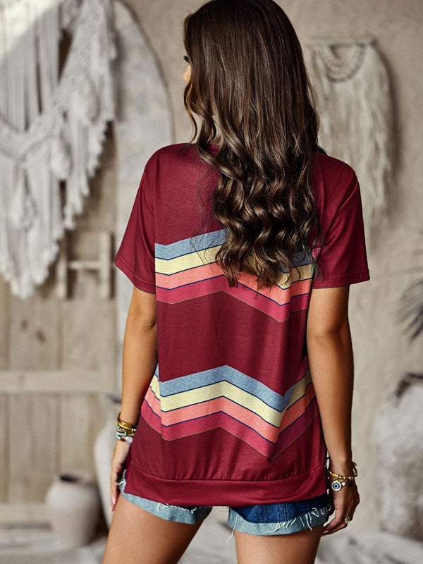 Modern round neck T-shirt rainbow strip top