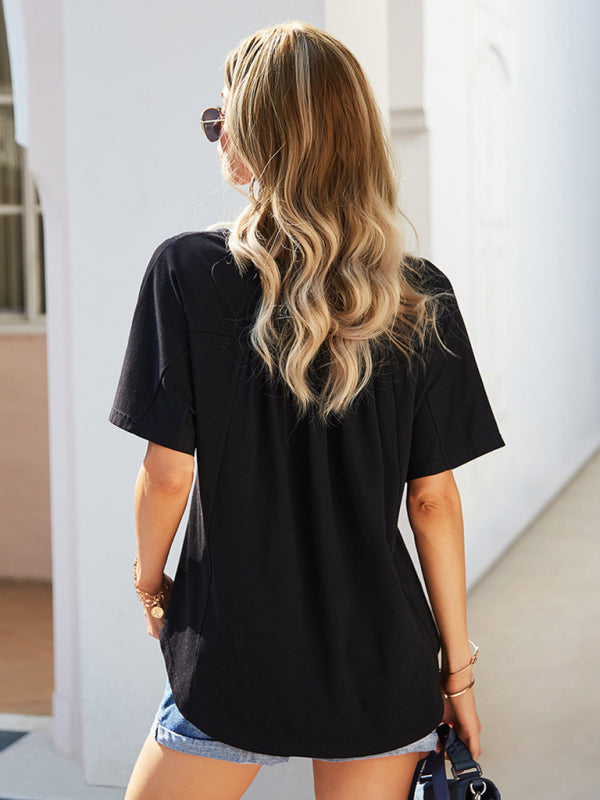 Modern casual V-neck solid color babydoll short-sleeved T-shirt