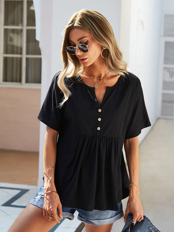 Modern casual V-neck solid color babydoll short-sleeved T-shirt