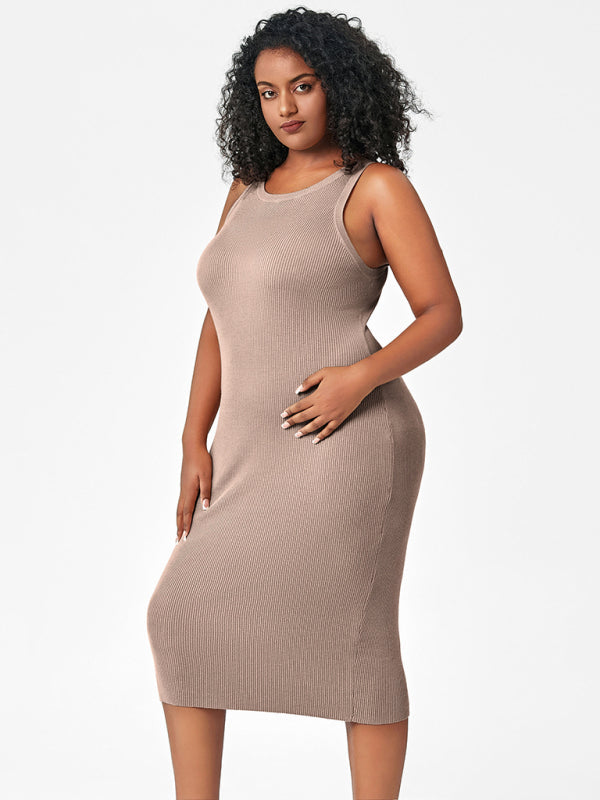 Modern fat mm round neck vest bottoming tight hip knit dress