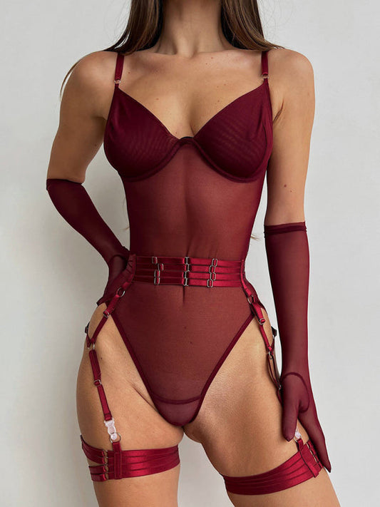 Women's Sexy One-Piece Bodysuit with Gloves and Bandage See-Through Mesh Suit