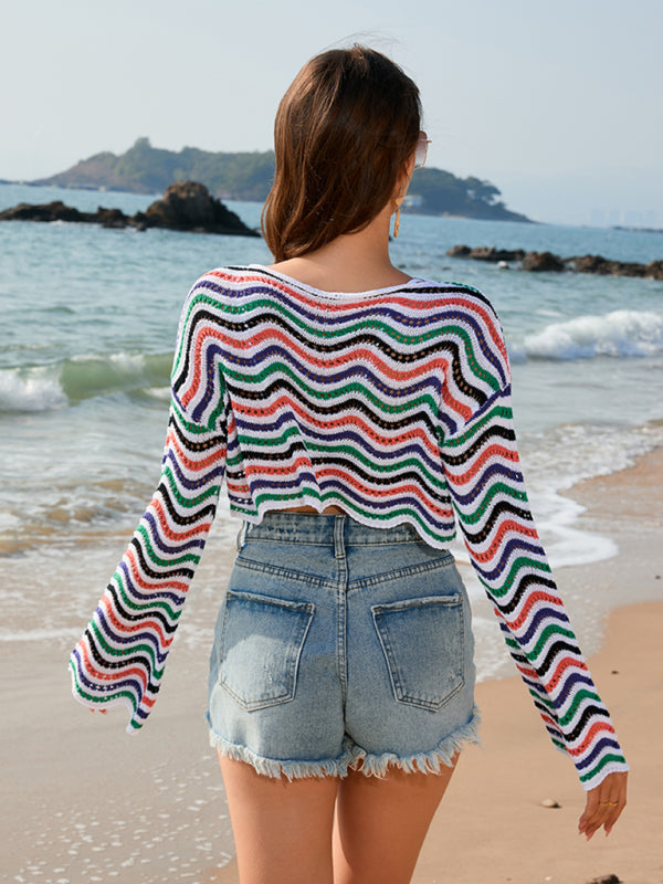 Modern patchwork round neck striped bikini beach cover-up