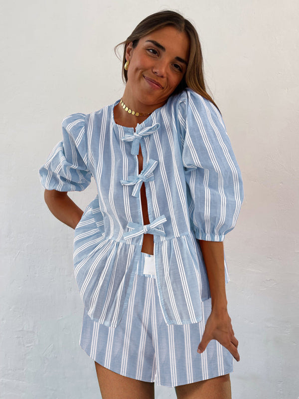 Modern striped lace mid-sleeve loose patchwork shirt