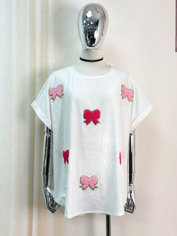 Modern short-sleeved bow sequin embroidered top